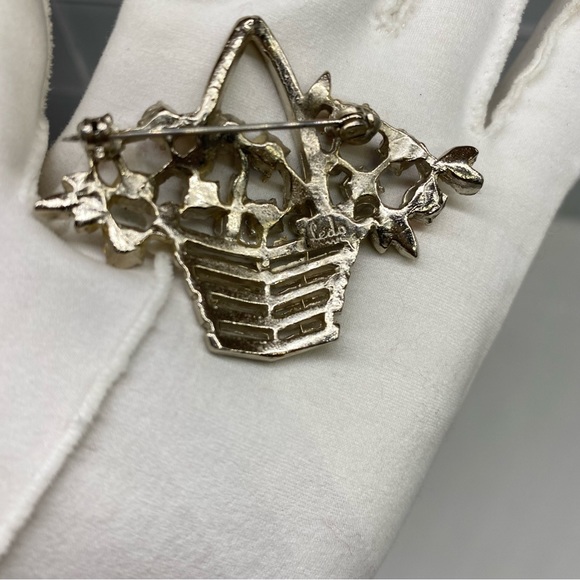 Vintage 1950s Signed Ledo Basket Brooch Pin by Polcini Citrine and Rhinestones - Picture 2 of 10